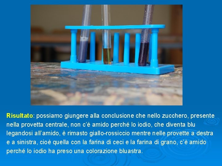 Risultato: possiamo giungere alla conclusione che nello zucchero, presente nella provetta centrale, non c’è Risultato: possiamo giungere alla conclusione che nello zucchero, presente nella provetta centrale, non c’è