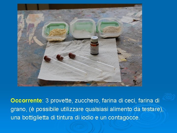 Occorrente: 3 provette, zucchero, farina di ceci, farina di grano, (è possibile utilizzare qualsiasi Occorrente: 3 provette, zucchero, farina di ceci, farina di grano, (è possibile utilizzare qualsiasi