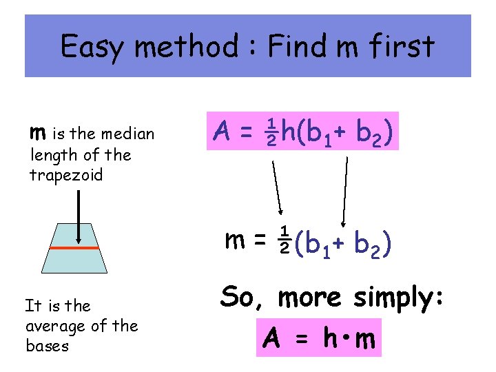 Easy method : Find m first m is the median length of the trapezoid