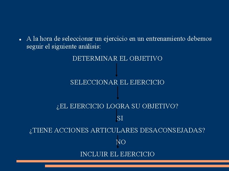  A la hora de seleccionar un ejercicio en un entrenamiento debemos seguir el