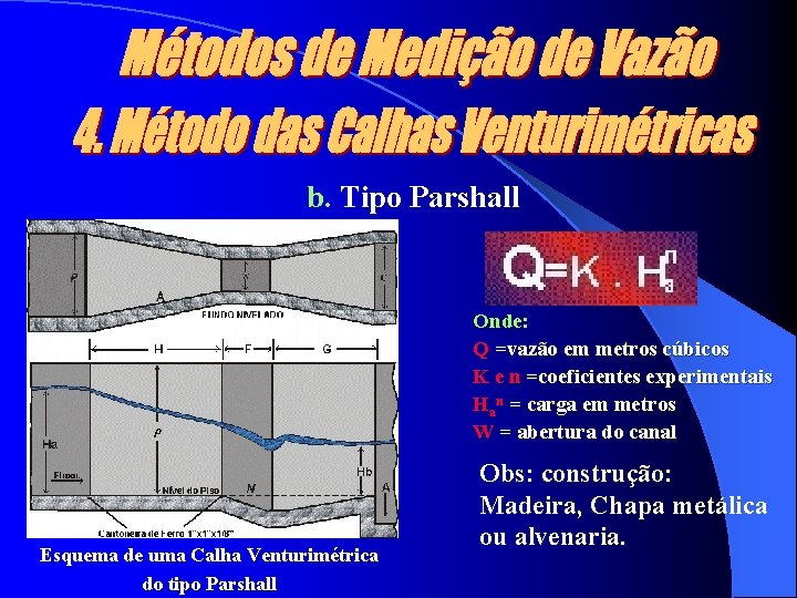 b. Tipo Parshall Onde: Q =vazão em metros cúbicos K e n =coeficientes experimentais