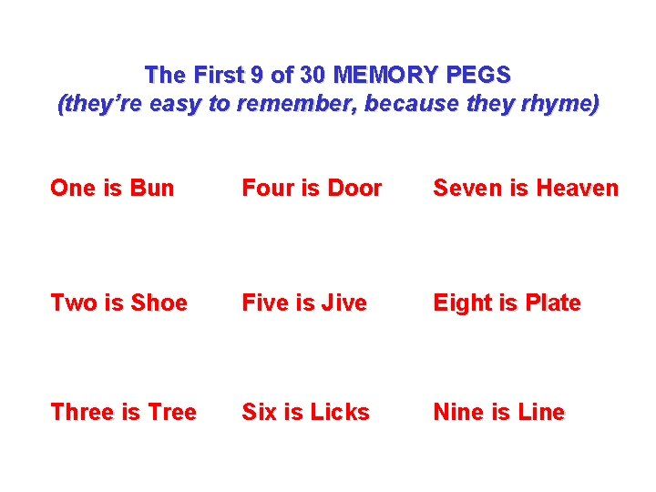 The First 9 of 30 MEMORY PEGS (they’re easy to remember, because they rhyme)