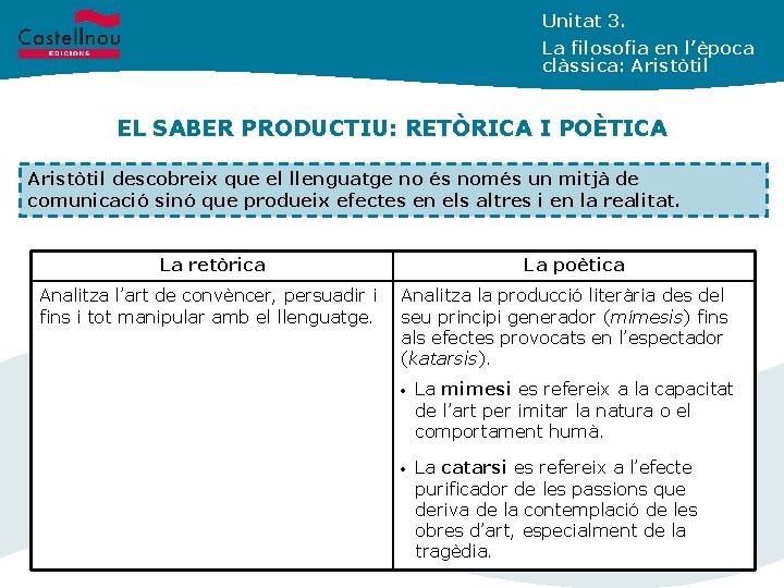 Unitat 3. La filosofia en l’època clàssica: Aristòtil EL SABER PRODUCTIU: RETÒRICA I POÈTICA