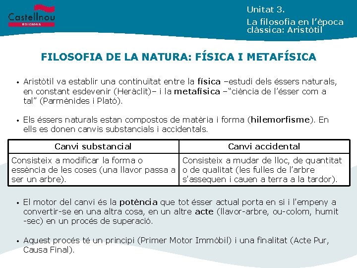 Unitat 3. La filosofia en l’època clàssica: Aristòtil FILOSOFIA DE LA NATURA: FÍSICA I