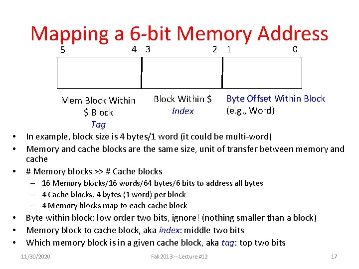 Mapping a 6 -bit Memory Address 5 4 3 Mem Block Within $ Block