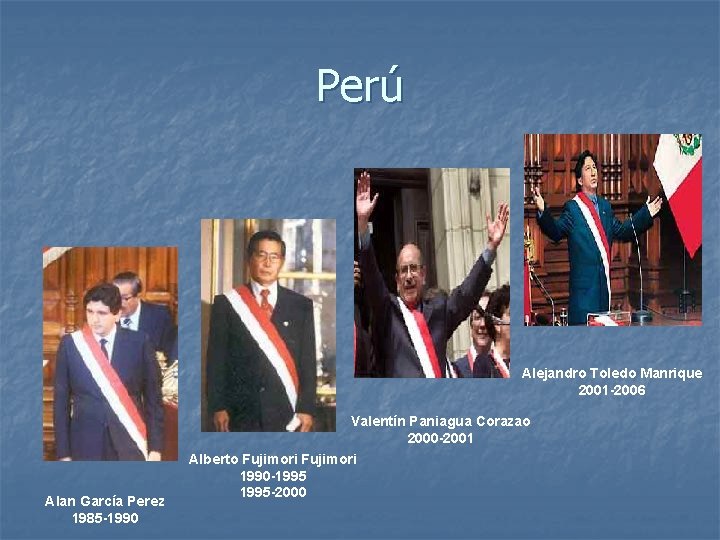 Perú Alejandro Toledo Manrique 2001 -2006 Alan García Perez 1985 -1990 Valentín Paniagua Corazao
