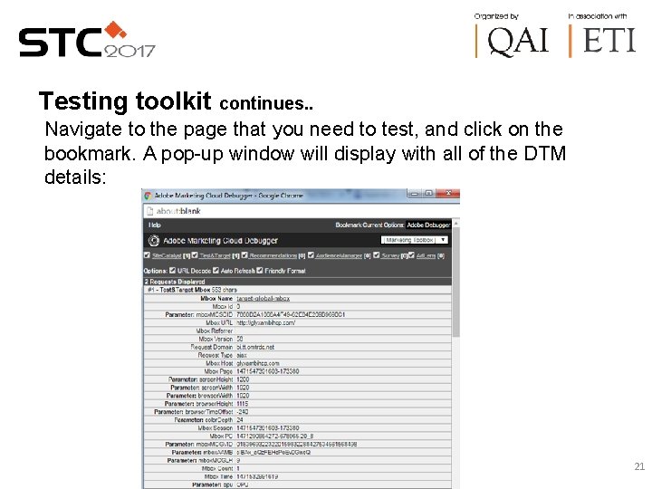 Testing toolkit continues. . Navigate to the page that you need to test, and