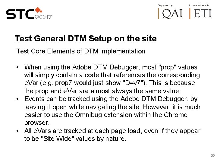 Test General DTM Setup on the site Test Core Elements of DTM Implementation •