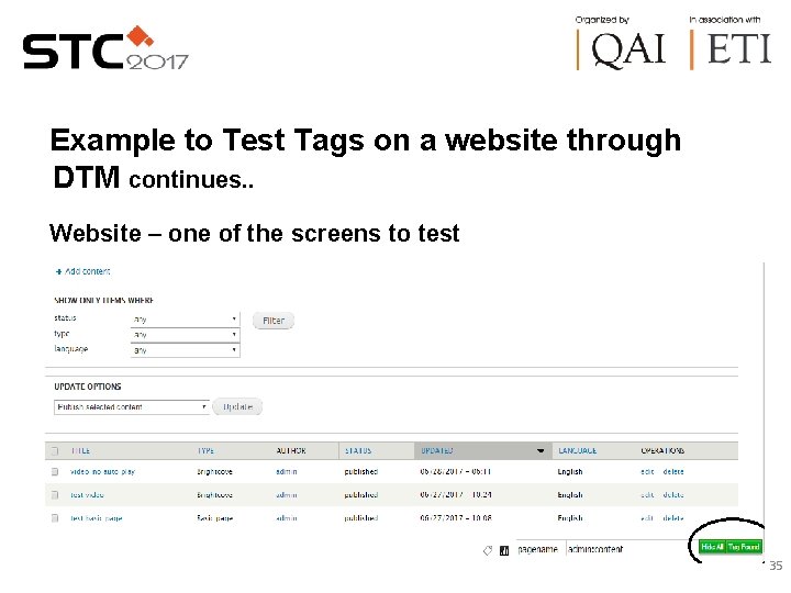 Example to Test Tags on a website through DTM continues. . Website – one