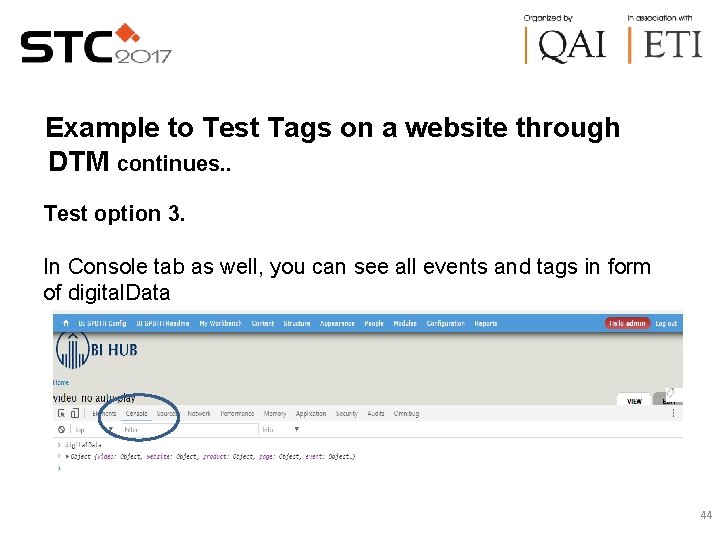 Example to Test Tags on a website through DTM continues. . Test option 3.