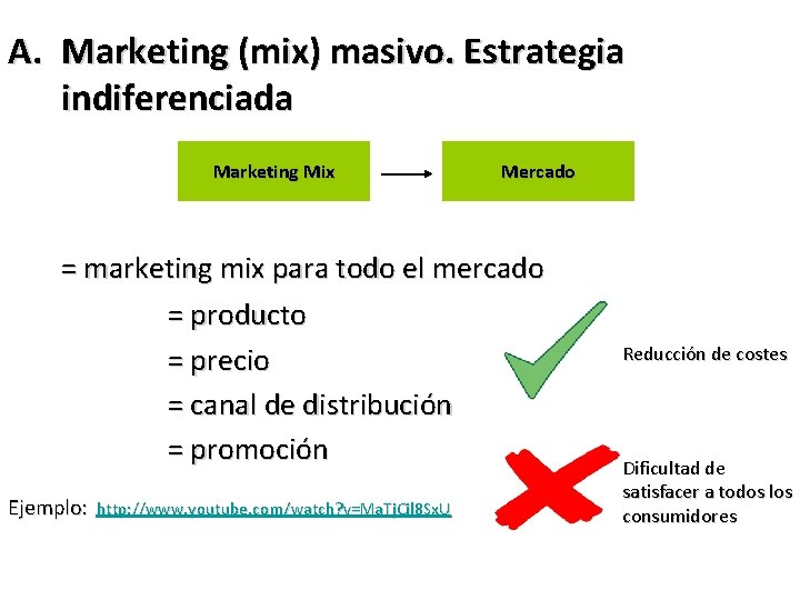 A. Marketing (mix) masivo. Estrategia indiferenciada Marketing Mix Mercado = marketing mix para todo