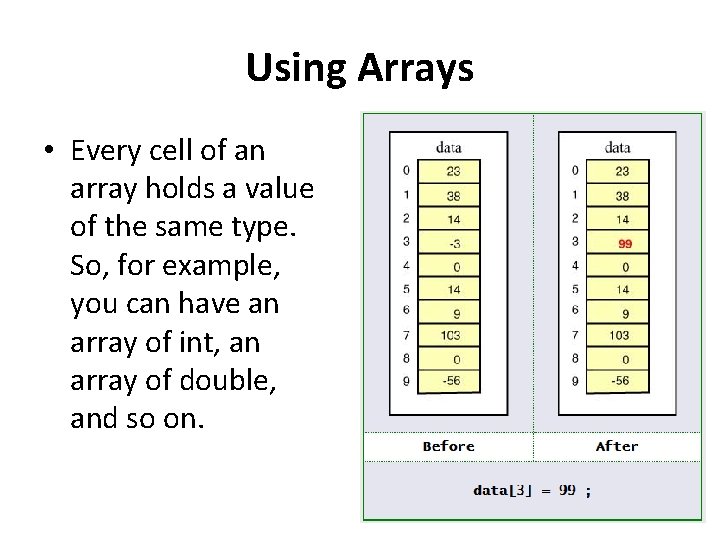 Using Arrays • Every cell of an array holds a value of the same