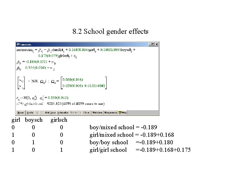 8. 2 School gender effects girl boysch girlsch 0 0 boy/mixed school = -0.