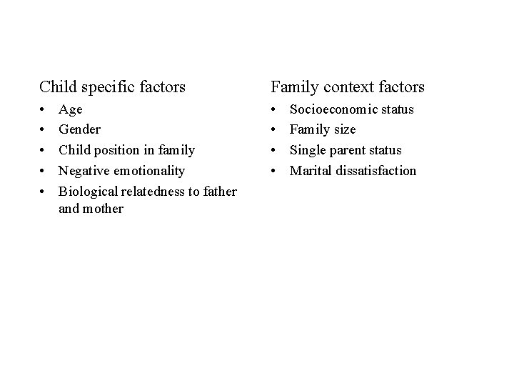 Child specific factors Family context factors • • • Age Gender Child position in