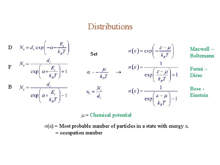 Distributions D Maxwell – Boltzmann Set F B Fermi – Dirac Bose Einstein Chemical