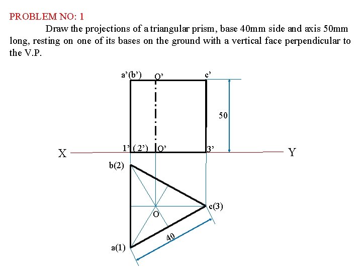 PROBLEM NO: 1 Draw the projections of a triangular prism, base 40 mm side