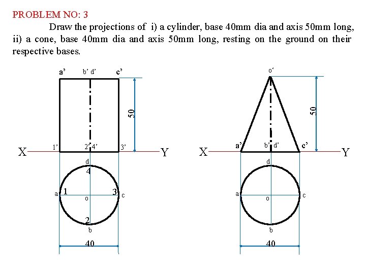 PROBLEM NO: 3 Draw the projections of i) a cylinder, base 40 mm dia