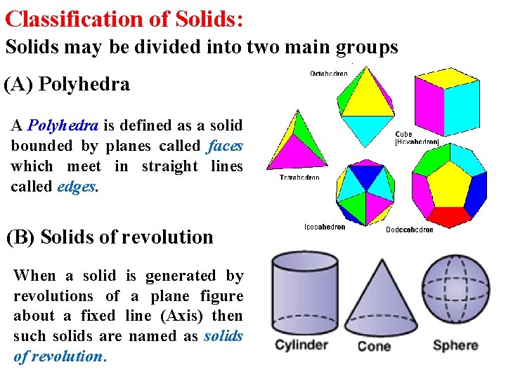 Classification of Solids: Solids may be divided into two main groups (A) Polyhedra A