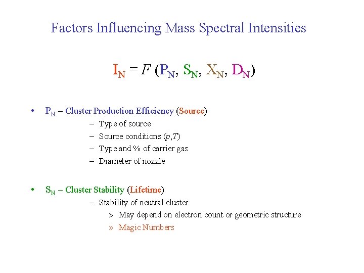 Factors Influencing Mass Spectral Intensities IN = F (PN, SN, XN, DN) • PN