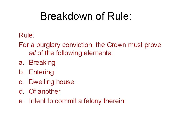 Breakdown of Rule: For a burglary conviction, the Crown must prove all of the