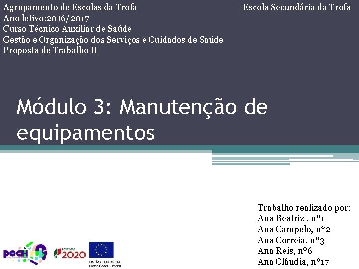 Agrupamento de Escolas da Trofa Ano letivo: 2016/2017 Curso Técnico Auxiliar de Saúde Gestão