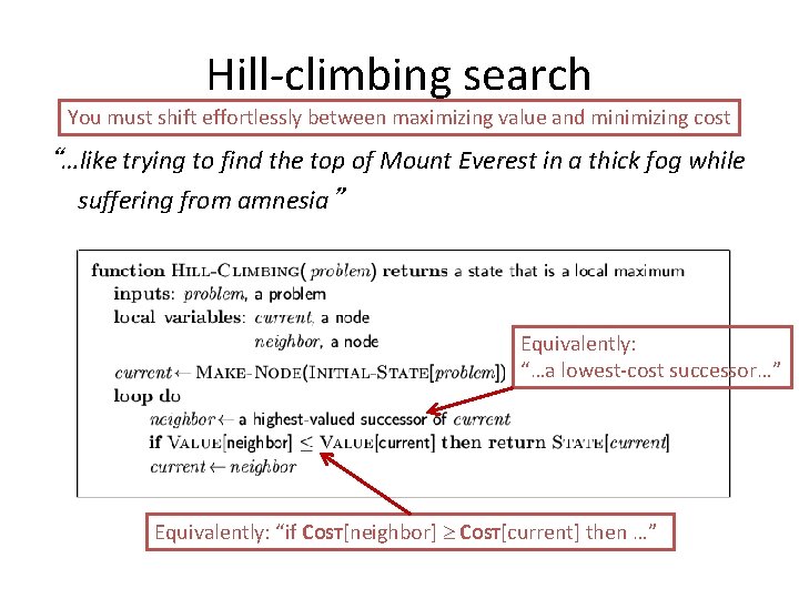 Hill-climbing search You must shift effortlessly between maximizing value and minimizing cost “…like trying Hill-climbing search You must shift effortlessly between maximizing value and minimizing cost “…like trying