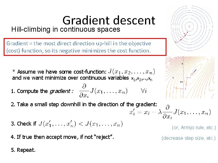 Gradient descent Hill-climbing in continuous spaces Gradient = the most direction up-hill in the Gradient descent Hill-climbing in continuous spaces Gradient = the most direction up-hill in the