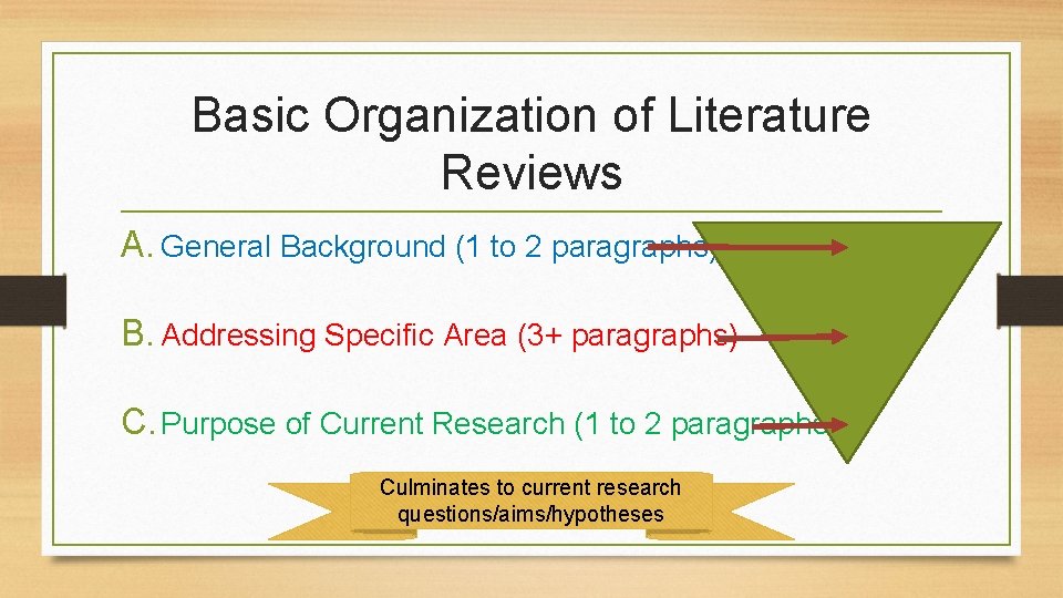 Basic Organization of Literature Reviews A. General Background (1 to 2 paragraphs) B. Addressing