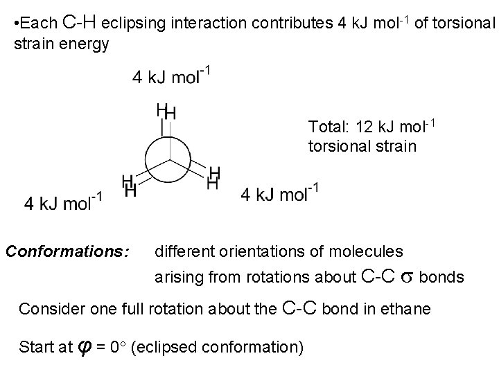  • Each C-H eclipsing interaction contributes 4 k. J mol-1 of torsional strain
