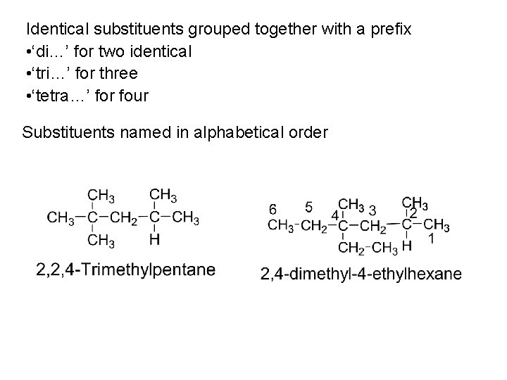 Identical substituents grouped together with a prefix • ‘di…’ for two identical • ‘tri…’