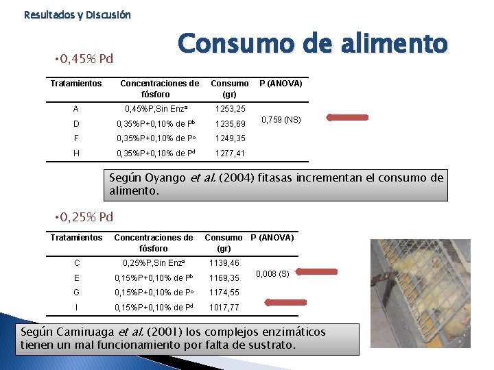 Resultados y Discusión • 0, 45% Pd Tratamientos Consumo de alimento Concentraciones de fósforo