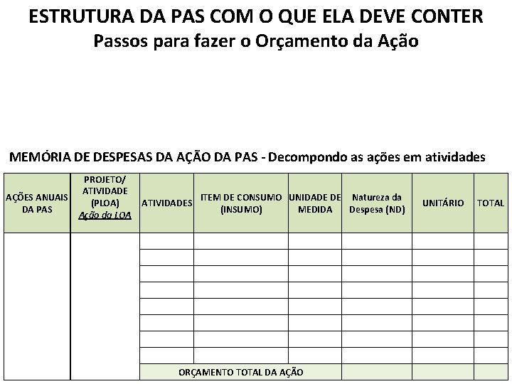 ESTRUTURA DA PAS COM O QUE ELA DEVE CONTER Passos para fazer o Orçamento