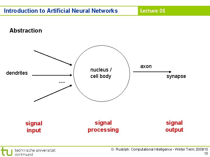 Introduction to Artificial Neural Networks Lecture 01 Abstraction dendrites … signal input nucleus /