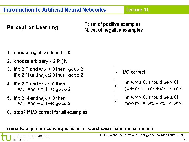 Introduction to Artificial Neural Networks Perceptron Learning Lecture 01 P: set of positive examples