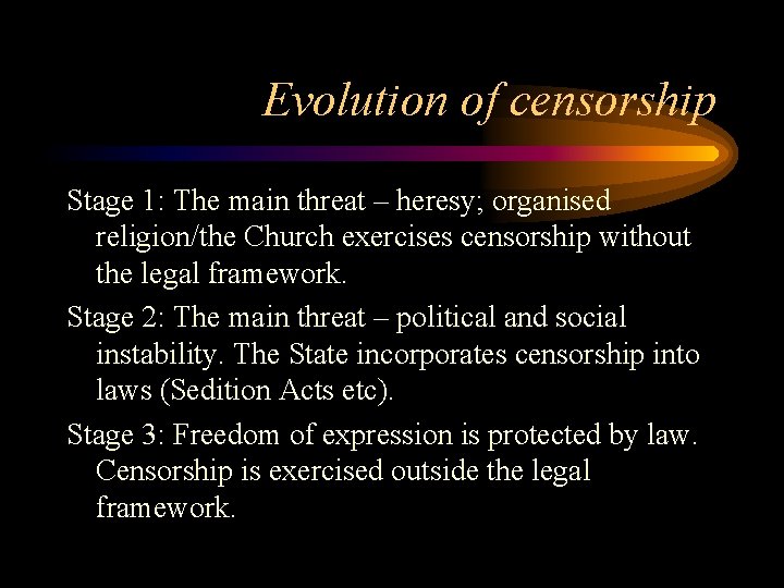 Evolution of censorship Stage 1: The main threat – heresy; organised religion/the Church exercises