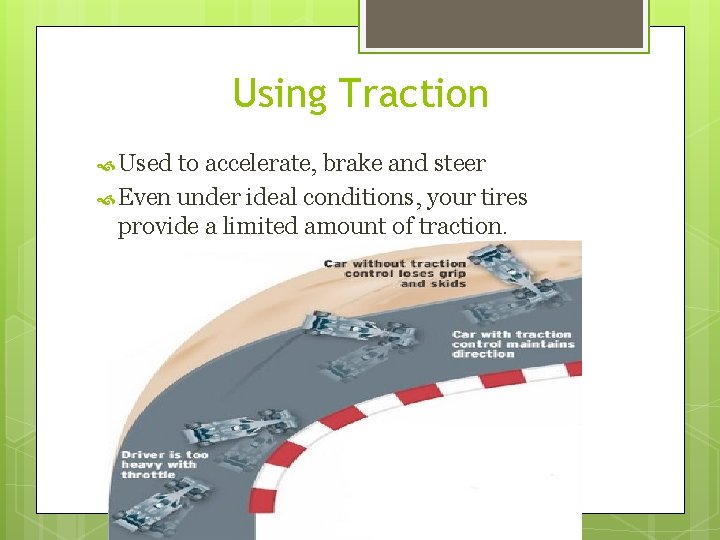 Using Traction Used to accelerate, brake and steer Even under ideal conditions, your tires