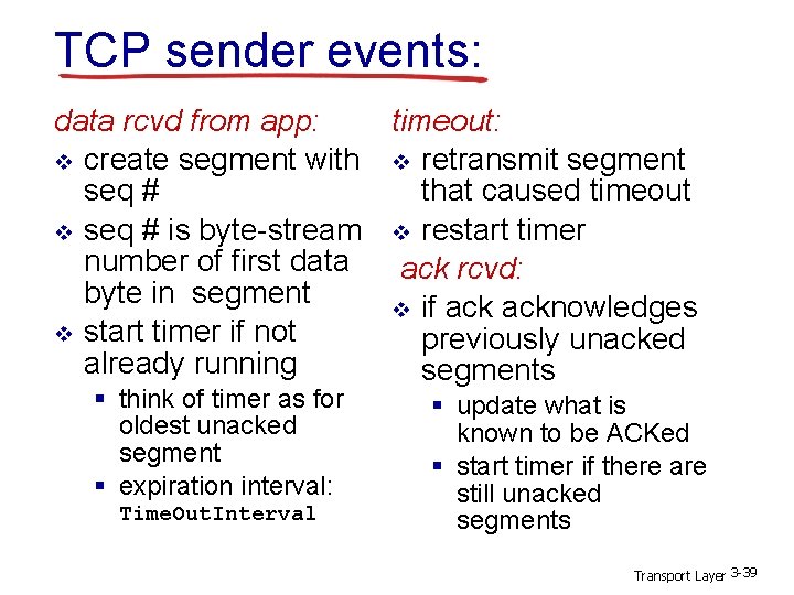 TCP sender events: data rcvd from app: timeout: v create segment with v retransmit