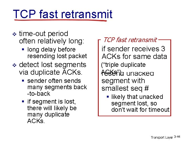 TCP fast retransmit v v time-out period often relatively long: TCP fast retransmit §