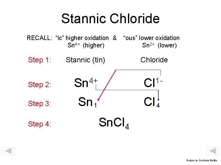 Stannic Chloride RECALL: “ic” higher oxidation & Sn 4+ (higher) “ous” lower oxidation Sn