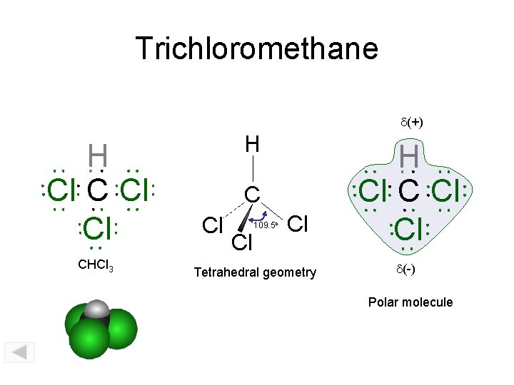 Trichloromethane d(+) H Cl Cl CHCl 3 H C Cl Cl 109. 5 o