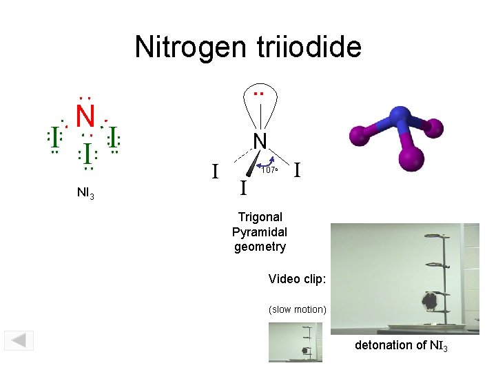 Nitrogen triiodide. . N I I I NI 3 N I 107 o I