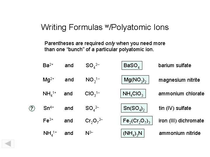 Writing Formulas w/Polyatomic Ions Parentheses are required only when you need more than one