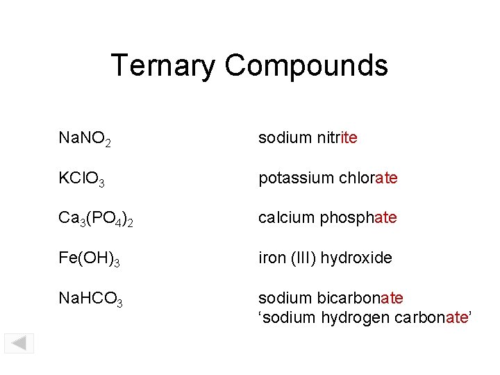 Ternary Compounds Na. NO 2 sodium nitrite KCl. O 3 potassium chlorate Ca 3(PO