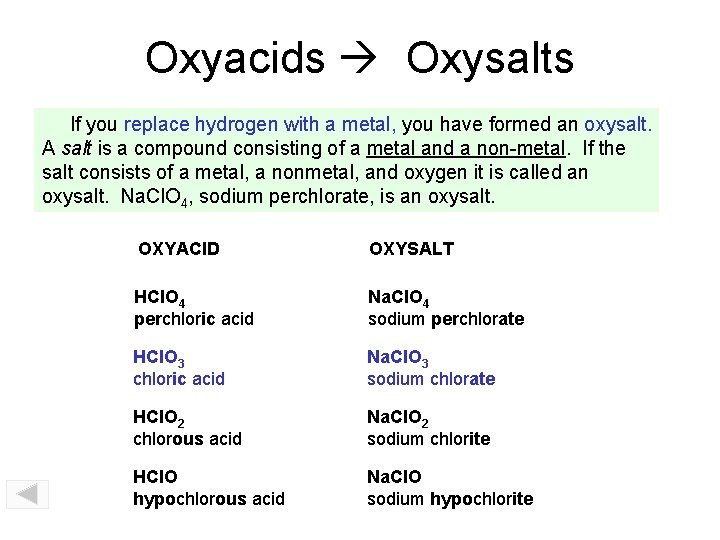 Oxyacids Oxysalts If you replace hydrogen with a metal, you have formed an oxysalt.