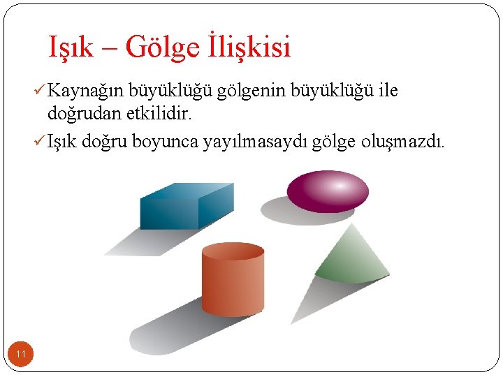 Işık – Gölge İlişkisi ü Kaynağın büyüklüğü gölgenin büyüklüğü ile doğrudan etkilidir. ü Işık