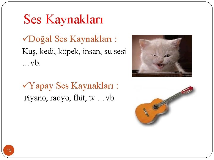 Ses Kaynakları üDoğal Ses Kaynakları : Kuş, kedi, köpek, insan, su sesi …vb. üYapay