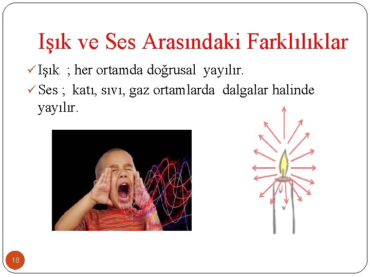  Işık ve Ses Arasındaki Farklılıklar ü Işık ; her ortamda doğrusal yayılır. ü