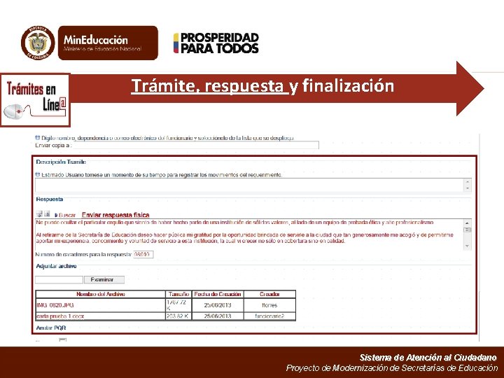 Trámite, respuesta y finalización Sistema de Atención al Ciudadano Proyecto de Modernización de Secretarías