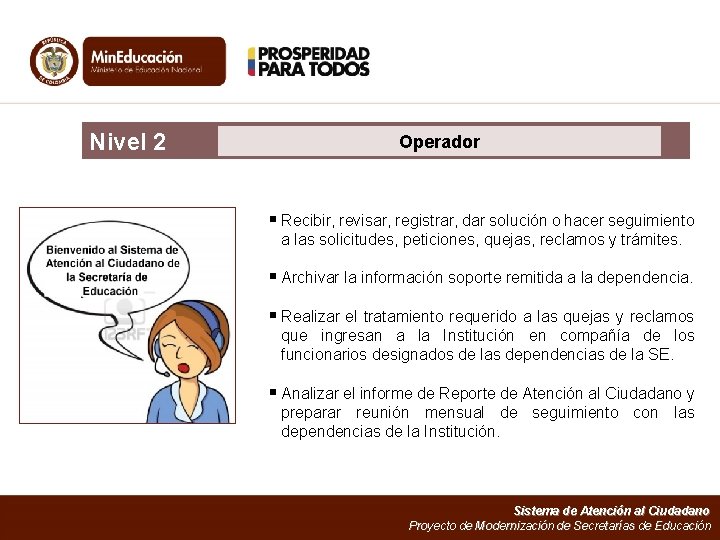 Nivel 2 Operador § Recibir, revisar, registrar, dar solución o hacer seguimiento a las