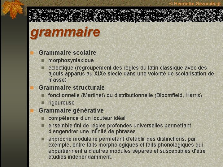 © Henriette Gezundhajt Derrière le concept de grammaire n Grammaire scolaire n morphosyntaxique n © Henriette Gezundhajt Derrière le concept de grammaire n Grammaire scolaire n morphosyntaxique n